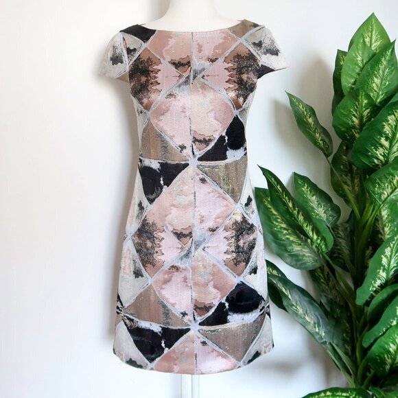 Vince Camuto Pink, Metallic & Black Cap Sleeve Jacquard Fit & Flare Mini Dress 2 - Picture 2 of 8